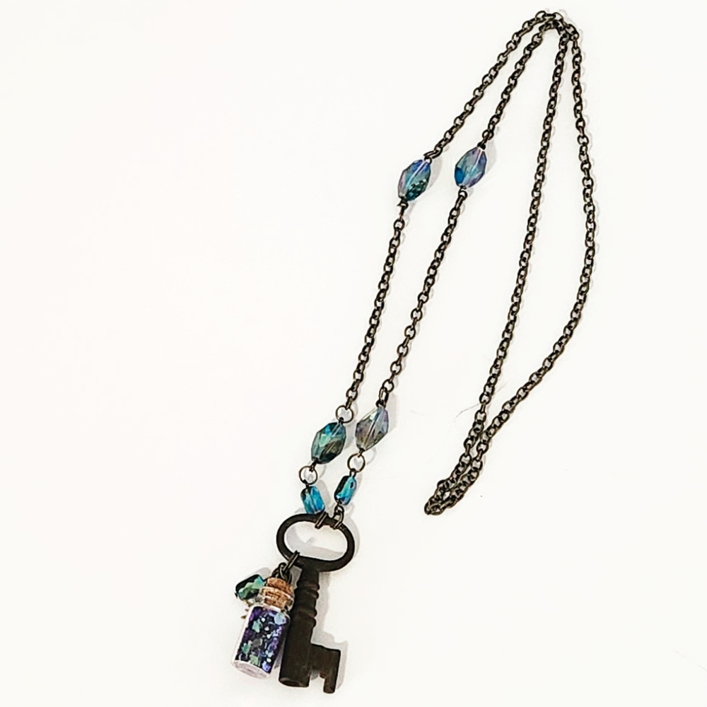 Bronze Antique Key Charm Necklace, Authentic Key, Beaded